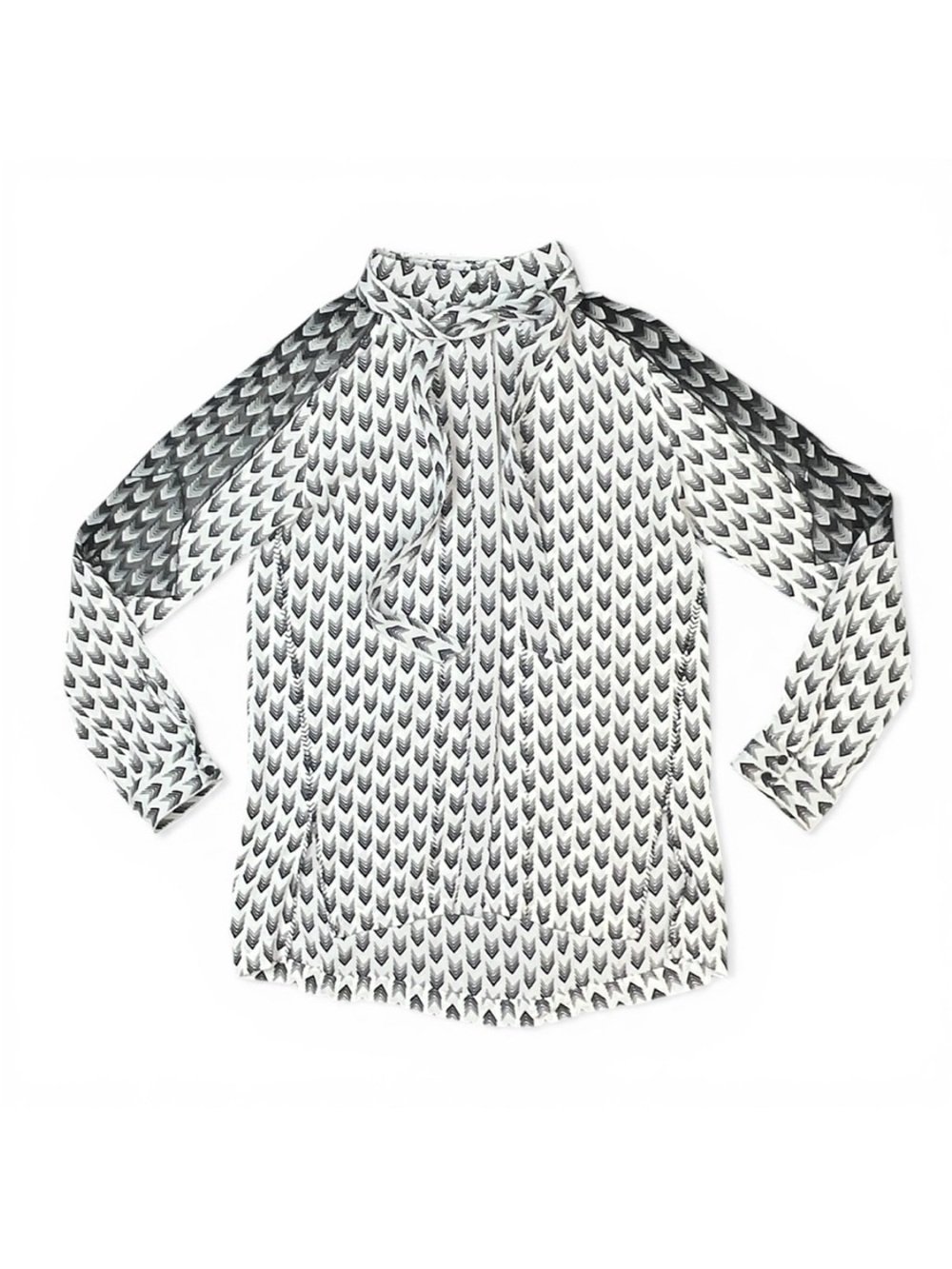 Rag & Bone Silk Crepe Sheer Chevron Print Tie Neck Bow Long Sleeve Blouse medium